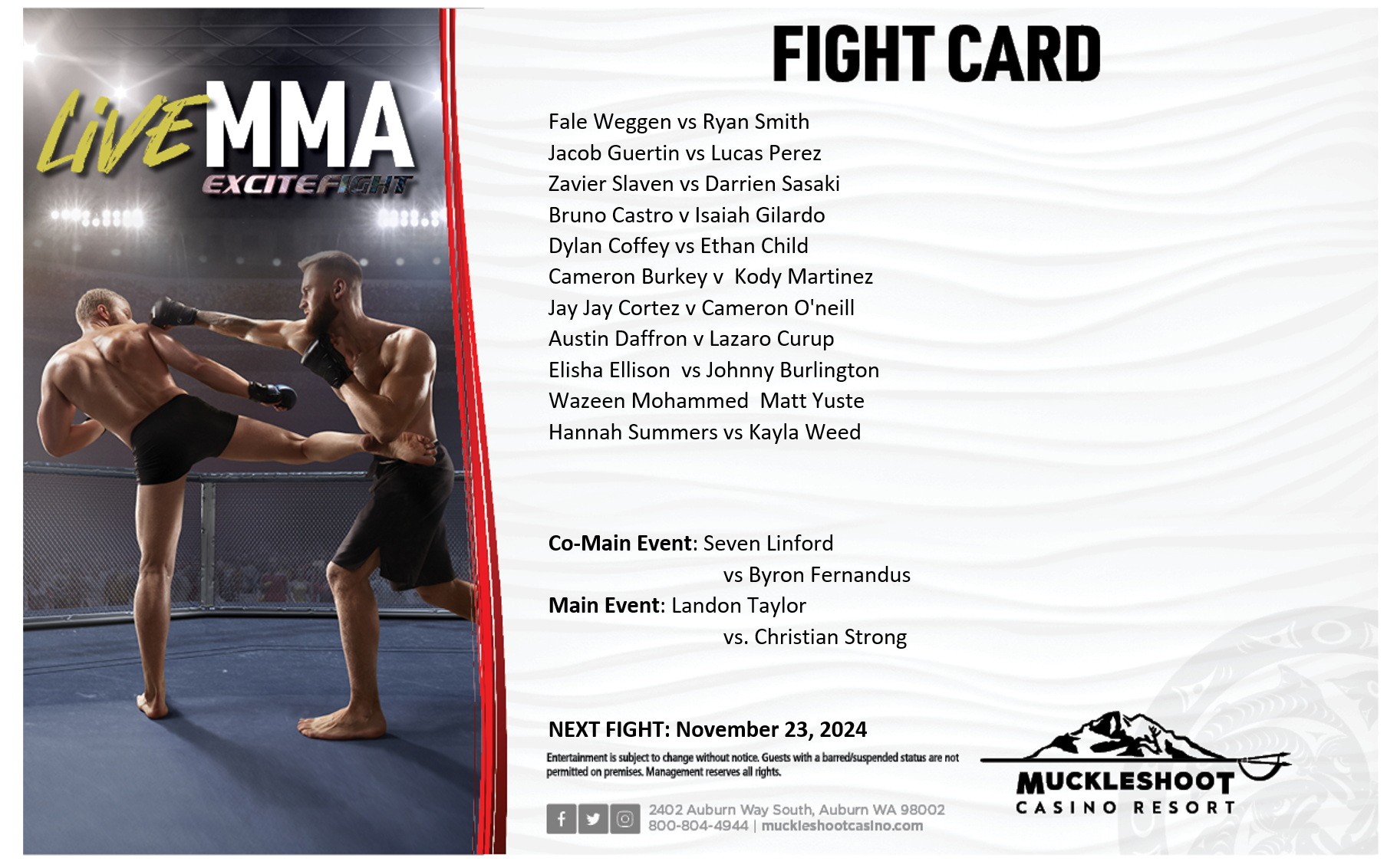 Excite Fight Live MMA Fight Card 8.31.24